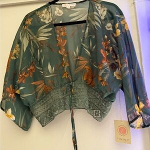 Timing Teal Green Floral Sheer Tie Front Kimono